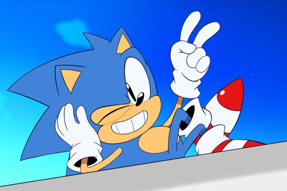a picture of sonic laying down and forming a peace out sign with his hand